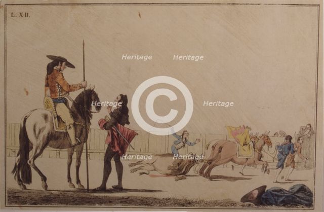 Picador riding and dragging the bull, colored engraving by Antonio Carnicero.
