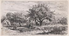 Picking fruit from tree outside cottage, ca. 1852. Creator: Charles Emile Jacque