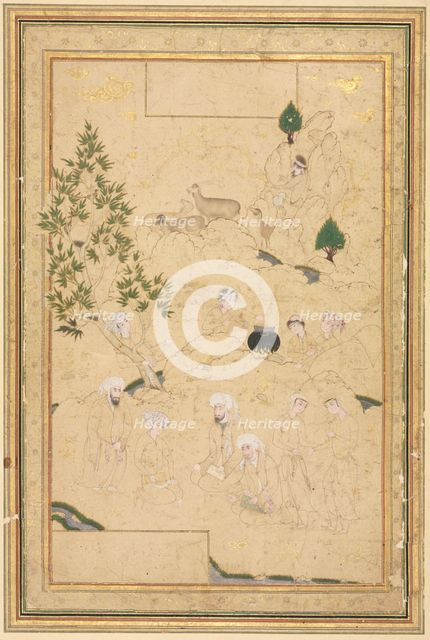 Picnic in the Mountains; Single Page Illustration, c. 1550-1600. Creator: Muhammadi (Iranian), style of.
