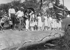 Picnic party on a log over Cressbrook Creek, 1925. Creator: Jack Bain