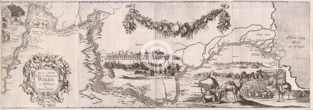 Pictorial map of the Volga River (Illustration from Travels to the Great Duke of Muscovy..., 1634. Creator: Rothgiesser, Christian Lorenzen (?-1659).