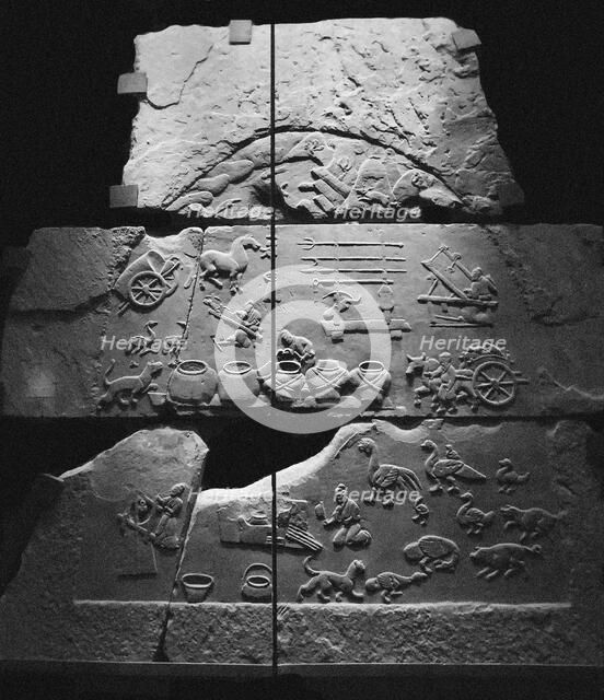 Pictorial stone with manor livelihood scene, 25-220. Creator: Central Asian Art.