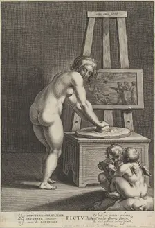 Pictura: allegory of painting, with a nude woman at center grinding pigments, two p..., ca. 1610-50. Creator: Cornelis Galle I