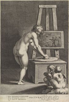 Pictura: allegory of painting, with a nude woman at center grinding pigments, two p..., ca. 1610-50. Creator: Cornelis Galle I
