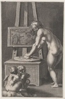 Pictura: allegory of painting, with a nude woman at center grinding pigments, two p..., ca. 1610-50. Creator: Anon