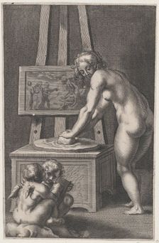 Pictura: allegory of painting, with a nude woman at center grinding pigments, two p..., ca. 1610-50. Creator: Anon