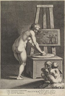 Pictura: allegory of painting, with a nude woman at center grinding pigments, two p..., ca. 1610-50. Creator: Cornelis Galle I