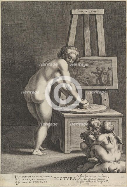 Pictura: allegory of painting, with a nude woman at center grinding pigments, two p..., ca. 1610-50. Creator: Cornelis Galle I.