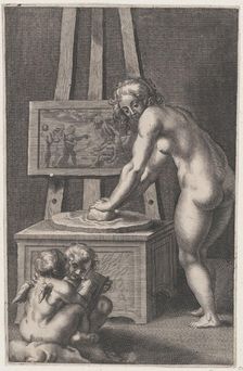 Pictura: allegory of painting, with a nude woman at center grinding pigments, two p..., ca. 1610-50. Creator: Anon
