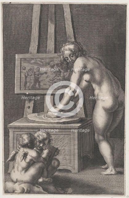 Pictura: allegory of painting, with a nude woman at center grinding pigments, two p..., ca. 1610-50. Creator: Anon.