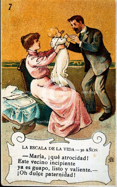 Picture card 'The scale of life'. Number 7, 1902, for the company 'Chocolates Amatller'. Creator: Mestres, Apeles. (1854-1936).