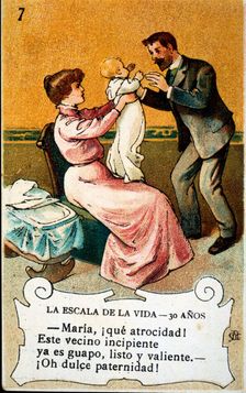 Picture card The scale of life Number 7, 1902, for the company Chocolates Amatller Creator: Mestres, Apeles. (1854-1936)
