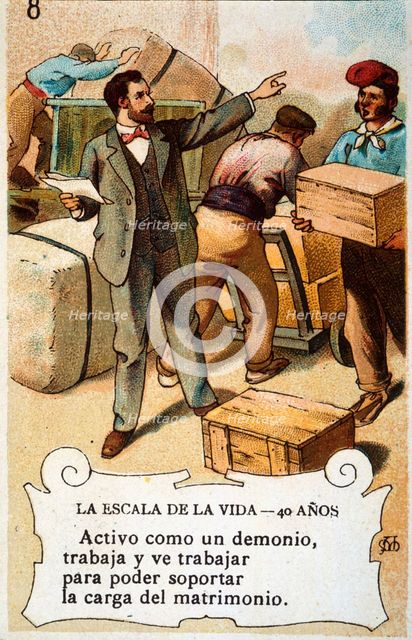 Picture card 'The scale of life'. Number 8, 1902, for the company 'Chocolates Amatller'. Creator: Mestres, Apeles. (1854-1936).
