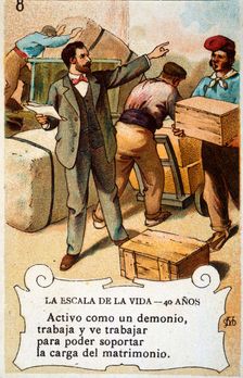 Picture card The scale of life Number 8, 1902, for the company Chocolates Amatller Creator: Mestres, Apeles. (1854-1936)