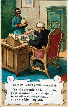 Picture card The scale of life Number 9, 1902, for the company Chocolates Amatller Creator: Mestres, Apeles. (1854-1936)