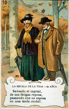 Picture card The scale of life Number 10, 1902, for the company Chocolates Amatller Creator: Mestres, Apeles. (1854-1936)