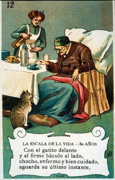 Picture card The scale of life Number 12, 1902, for the company Chocolates Amatller Creator: Mestres, Apeles. (1854-1936)