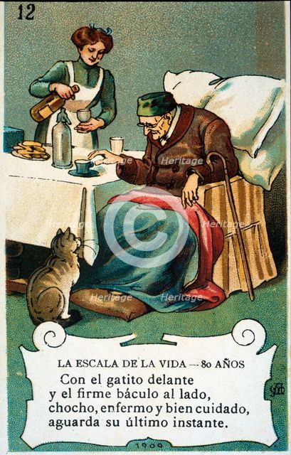Picture card 'The scale of life'. Number 12, 1902, for the company 'Chocolates Amatller'. Creator: Mestres, Apeles. (1854-1936).