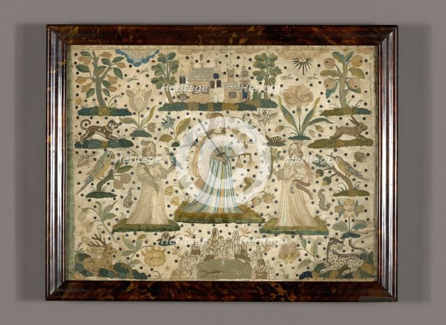 Picture Depicting Peace, Justice, and Plenty (Needlework), England, 17th century. Creator: Unknown.