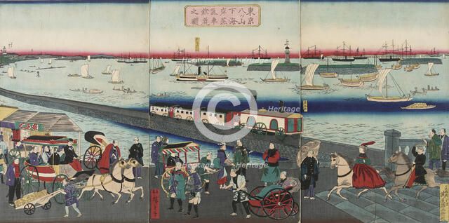 Picture of the Steam Engine Railway in Yatsuyama, Tokyo, 1871. Creator: Utagawa Hiroshige II.