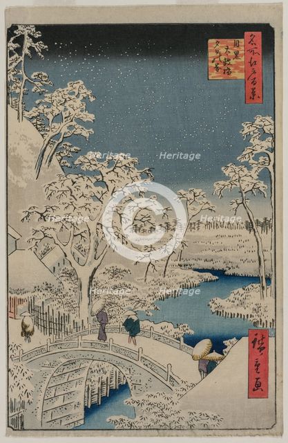 Picture of Twilight at the Drum Bridge in Meguro..., 1857. Creator: Ando Hiroshige (Japanese, 1797-1858).