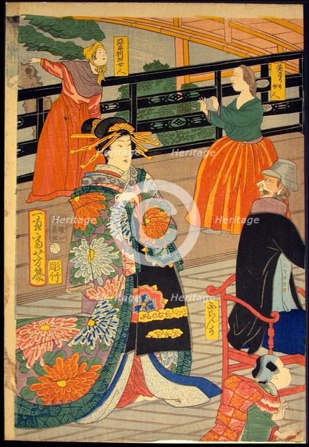 Picture of a Banquet of People of Five Nations at the Gankiro Teahouse (Gokakoku..., 1860. Creator: Utagawa Yoshiiku.