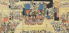 Picture of a Crowded Theater Hosting Performance of Sugawara Denju Tenarai Kagami, 1859. Creator: Utagawa Kunisada