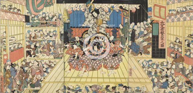 Picture of a Crowded Theater Hosting Performance of Sugawara Denju Tenarai Kagami, 1859. Creator: Utagawa Kunisada.