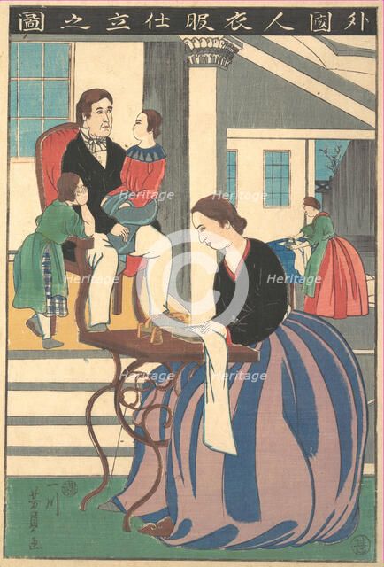 Picture of a Foreigner Making Clothes, 1860. Creator: Yoshikazu.