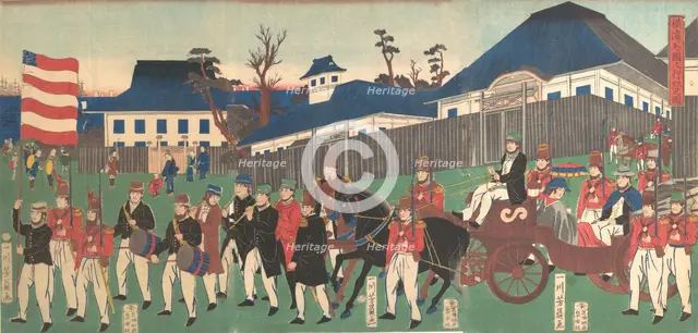 Picture of a Procession of Foreigners at Yokohama, 2nd month, 1861. Creator: Yoshikazu.