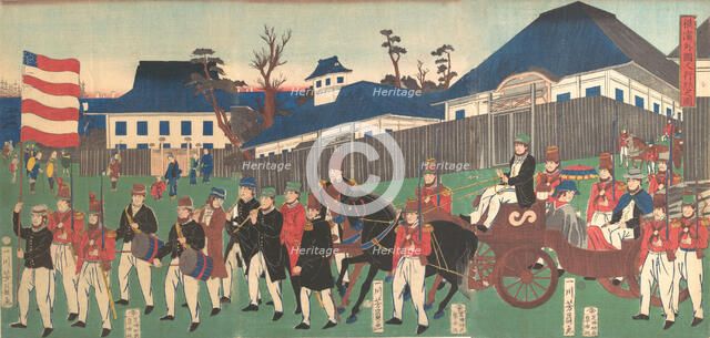 Picture of a Procession of Foreigners at Yokohama, 2nd month, 1861. Creator: Yoshikazu.