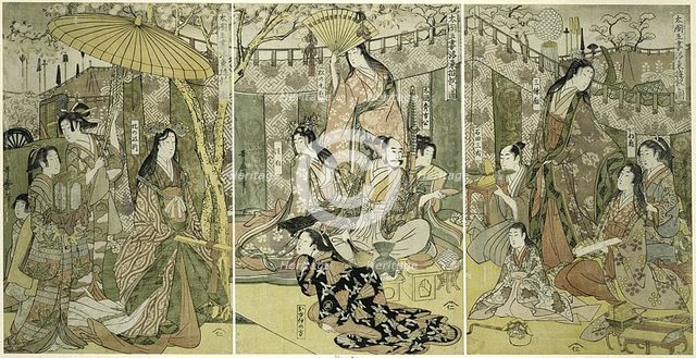 Picture of Hideyoshi and his Five Wives Viewing Cherry Blossoms at Higashiyama..., Japan, c.1803/04. Creator: Kitagawa Utamaro.