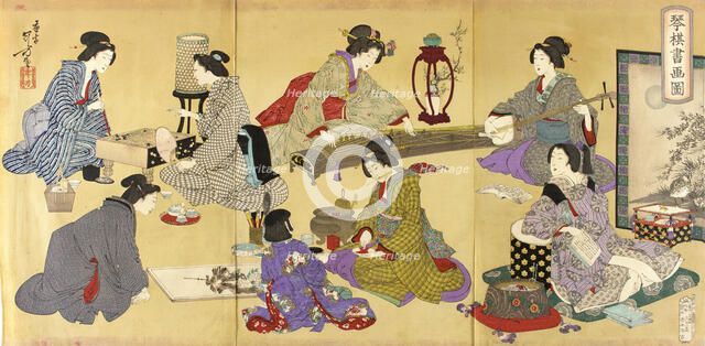 Picture of Koto, Game, and Painting, published in 1889. Creator: Mizuno Toshikata.