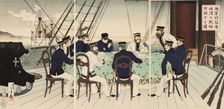 Picture of naval officers discussing battle strategy to be used against China, September 1894. Creator: Mizuno Toshikata