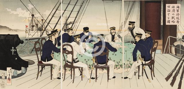 Picture of naval officers discussing battle strategy to be used against China, September 1894. Creator: Mizuno Toshikata.