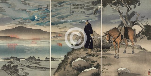 Picture of our scout reconnoitring the enemy encampment near the Yalu River, 1894. Creator: Kobayashi Kiyochika.