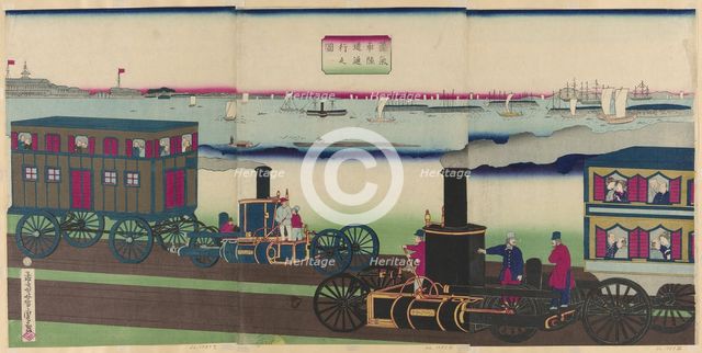 Picture of Steam Locomotives Traveling (Jokisha rikudo tsuko no zu), 1870. Creator: Utagawa Yoshitora.