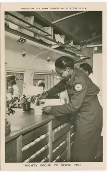 Picture postcard of a volunteer serving troops out of a Red Cross Clubmobile", ca. 1945. Creator: Unknown