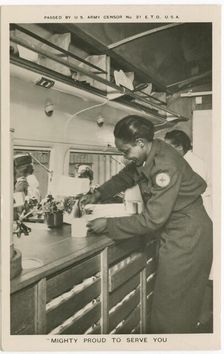 Picture postcard of a volunteer serving troops out of a Red Cross Clubmobile", ca. 1945. Creator: Unknown