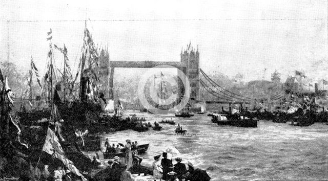 Pictures from the Royal Academy: The Opening of the Tower Bridge - W. L. Wyllie, A.R.A., 1895. Creator: George Meisenbach.