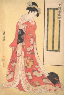Pictures of Ten Styles (Jittaiga Fuzoku): A Young Woman with a Dog, ca. 1790-91. Creator: Torii Kiyonaga