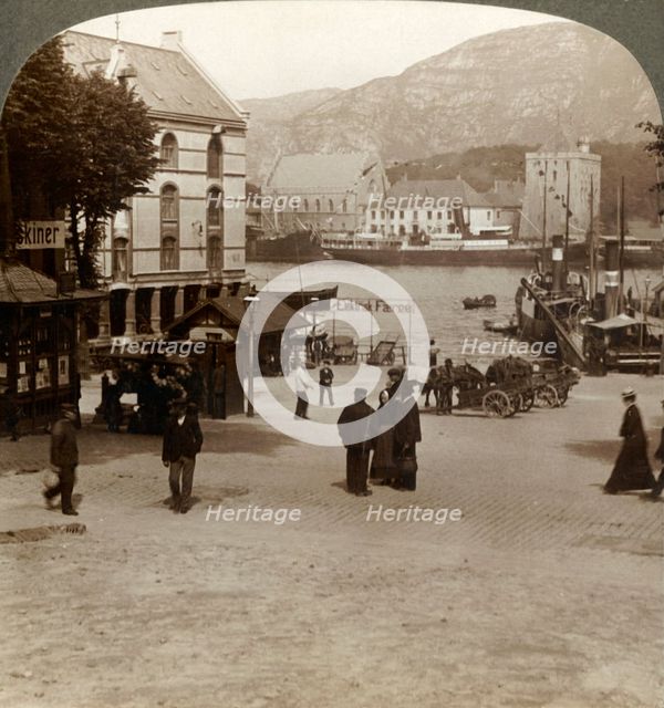 'Picturesque old fortress (Bergenhus), from a square in modern town, Bergen, Norway', 1905. Creator: Unknown.