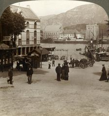 Picturesque old fortress (Bergenhus), from a square in modern town, Bergen, Norway 1905. Creator: Unknown