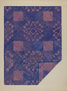 Piece of a Coverlet - Cobalt Blue & Rose, c. 1936. Creator: Katherine Hastings