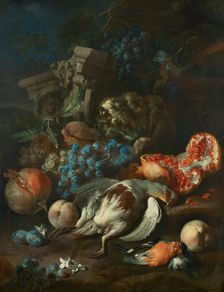 Piece of fruit with dead partridge and bullfinch, 1720. Creator: Franz Werner von Tamm