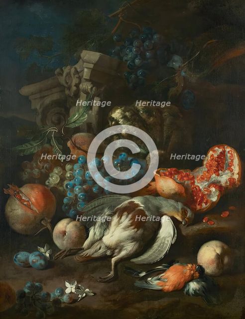 Piece of fruit with dead partridge and bullfinch, 1720. Creator: Franz Werner von Tamm.