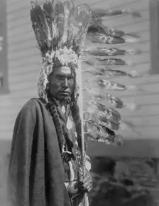 Piegan war-bonnet and coup-stick, c1910. Creator: Edward Sheriff Curtis