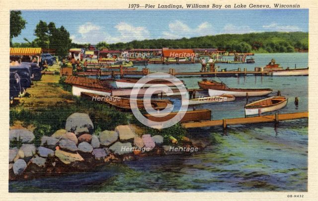 Pier landings, Williams Bay on Lake Geneva, Wisconsin, USA, 1940. Artist: Unknown