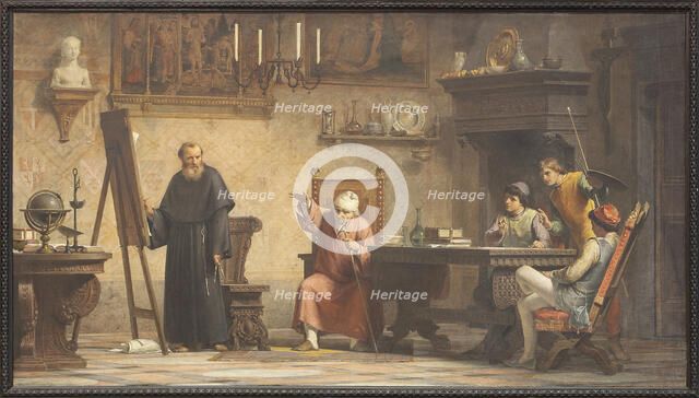 Piero della Francesca dictates the geometry rules to Luca Pacioli. Creator: Tricca, Angelo (1817-1884).