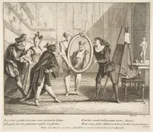 Pierrot and Scaramouche show the portrait of Harlequin.n.d. Creators: Claude Gillot, Jacques Gabriel Huquier